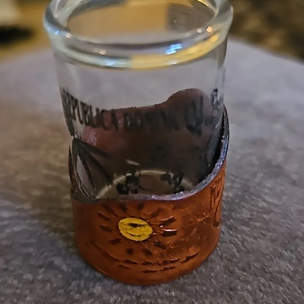 3/$30 Dominican Republic Leather Tooled Tourist Shot Glass